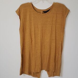 Tahari Top Womens L Linen S/S Old Gold Tunic Buttoned Back Office Miimalist